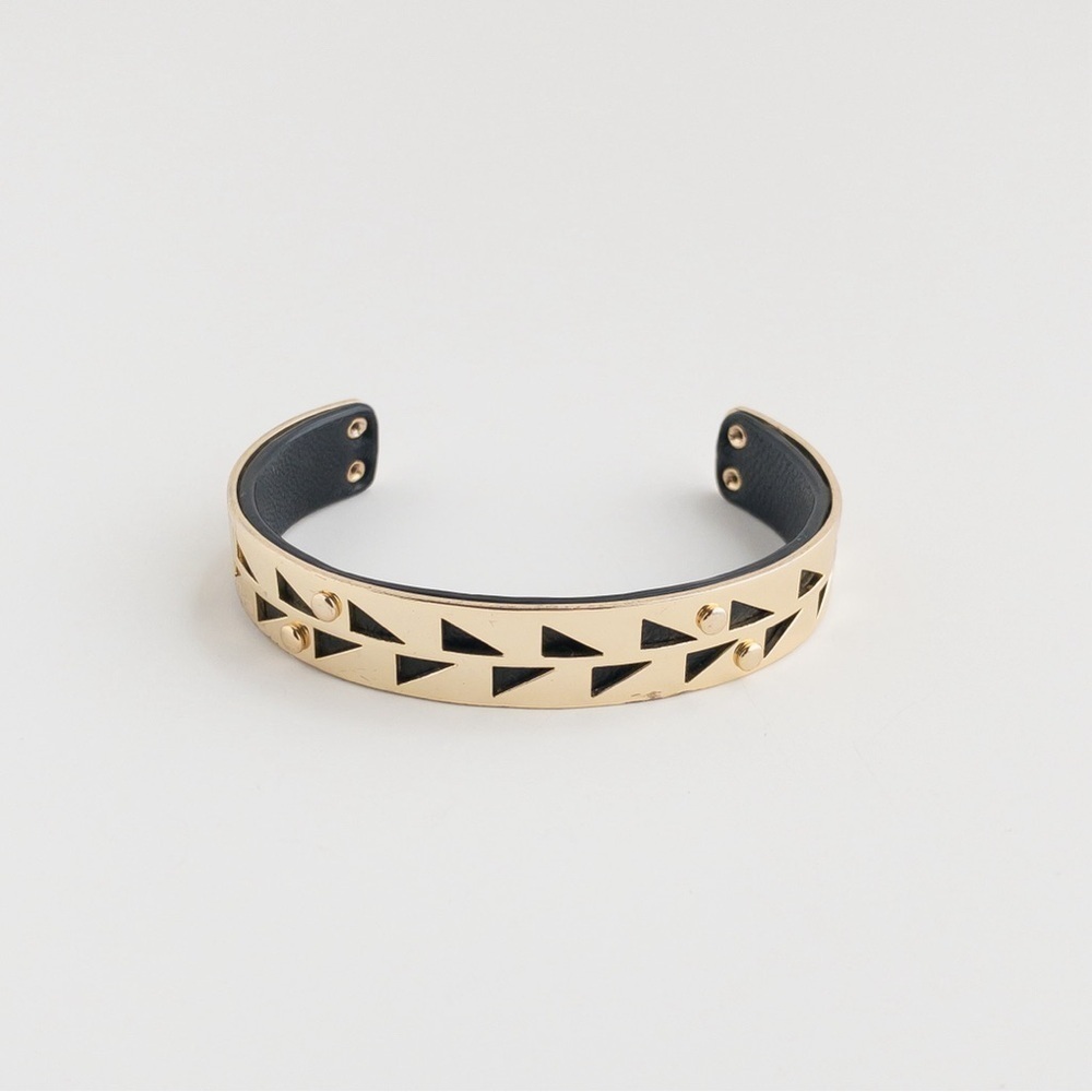 Stella & Dot Addison Cuff Bracelet Geometric Cut Out Black Leather Gold Tone